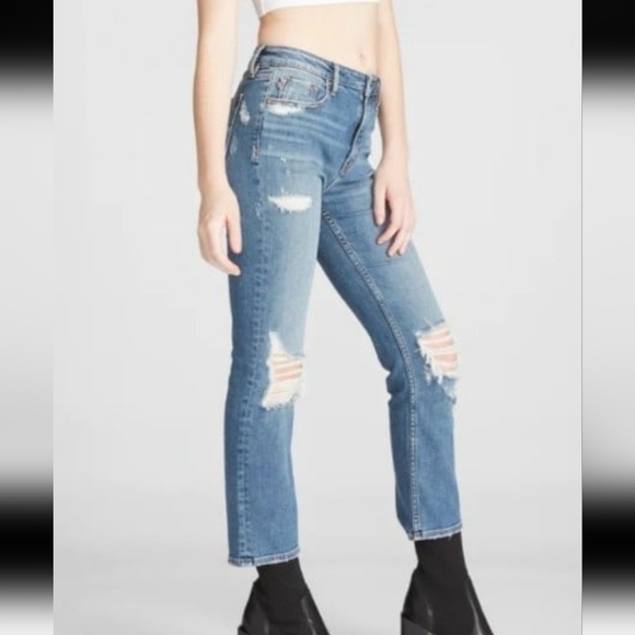 Vigoss Womens Size 32 Stevie Crop straight dk. Wash Distressed Jeans - Picture 1 of 12